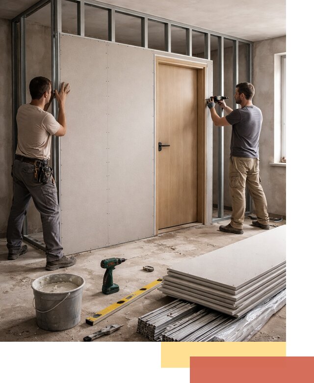 Перегородка из гипсокартона с дверью под ключ в Заинске