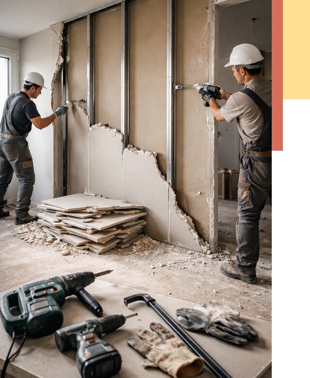 Демонтаж перегородки из гипсокартона в Заинске от 1220 руб. быстро и недорого | ОТДЕЛОЧНИК-Знс