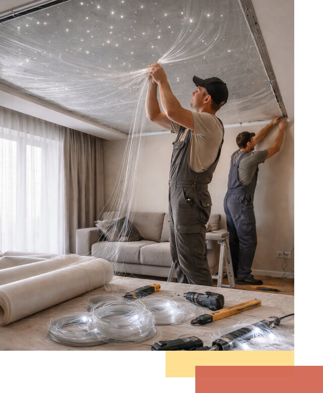 Монтаж натяжного потолка «Звездное небо» в Заинске