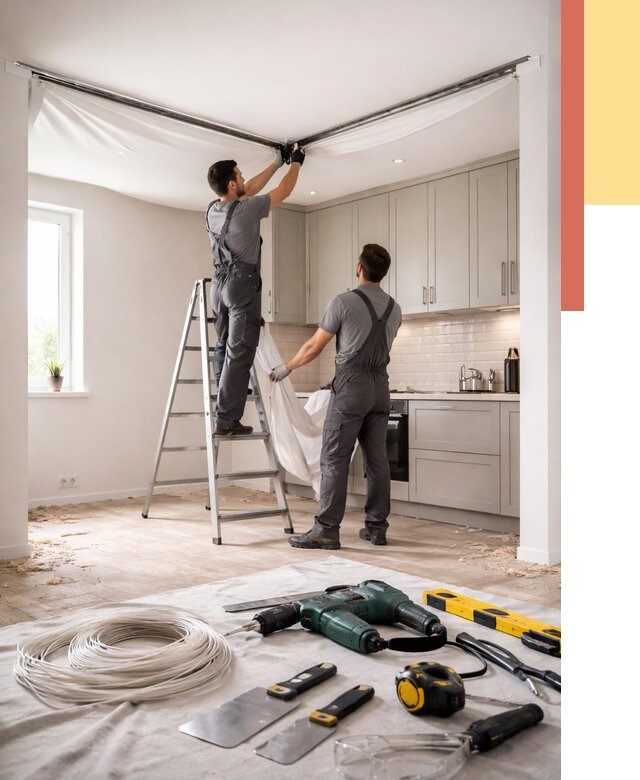 Установка натяжного потолка на кухне в Заинске от 2441 руб. | ОТДЕЛОЧНИК-Знс