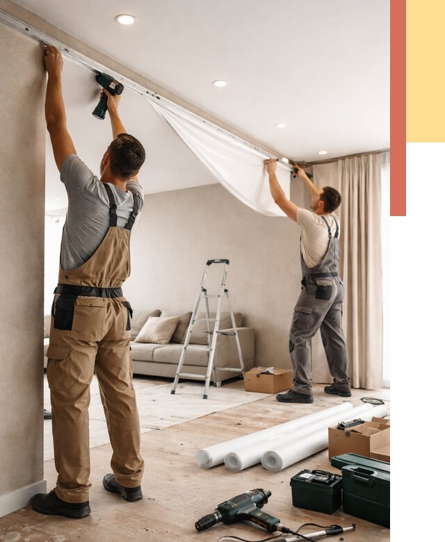 Монтаж натяжного потолка в гостиной в Заинске от 559 руб. | ОТДЕЛОЧНИК-Знс