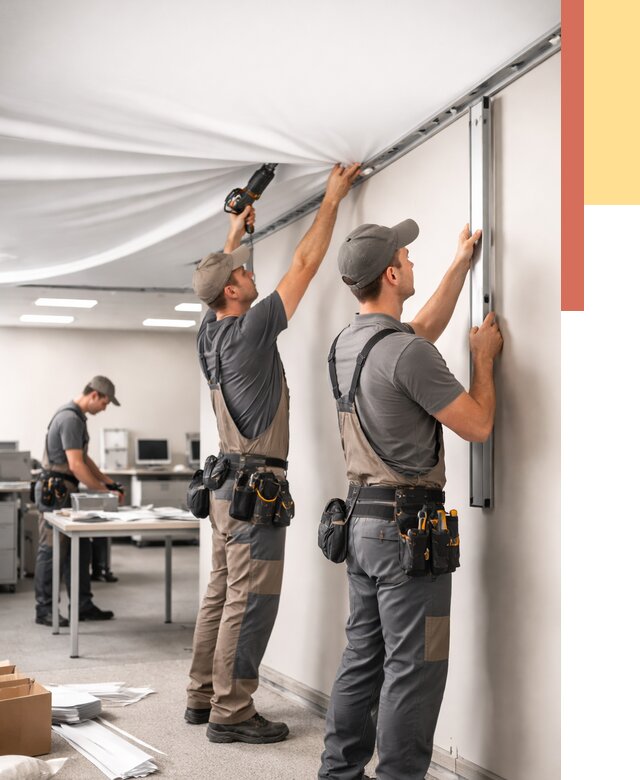 Монтаж натяжного потолка в офисе в Заинске от 458 руб/м² — быстро и недорого | ОТДЕЛОЧНИК-Знс