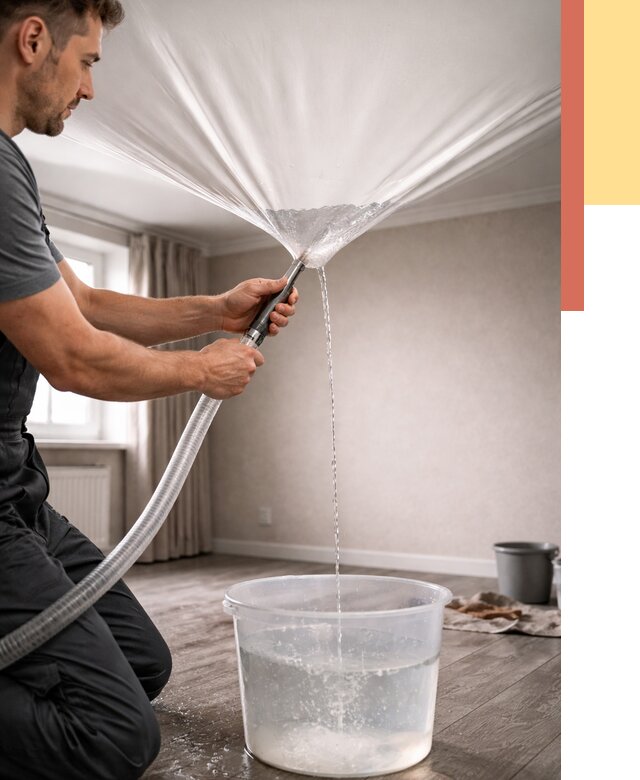 Слив воды с натяжного потолка в Заинске от 2542 руб. быстро и недорого | ОТДЕЛОЧНИК-Знс