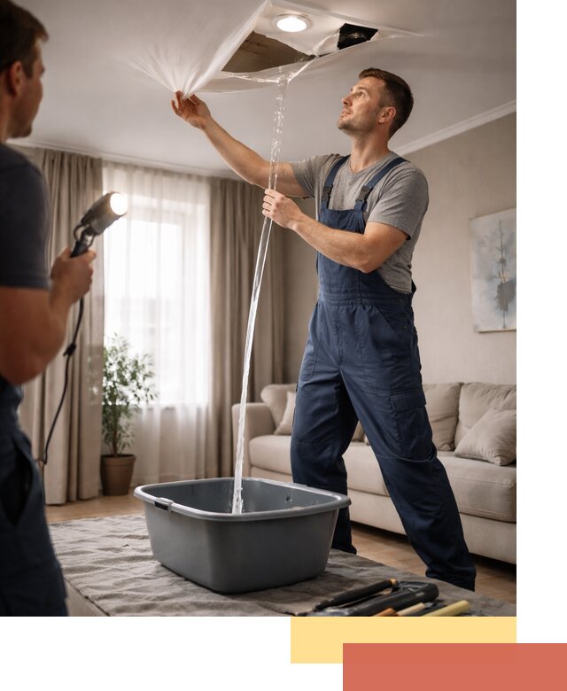 Слив воды с натяжного потолка в Заинске быстро и аккуратно